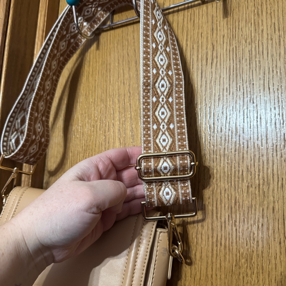 Tan Crossbody Bag with Patterned Strap - Picture 10 of 10